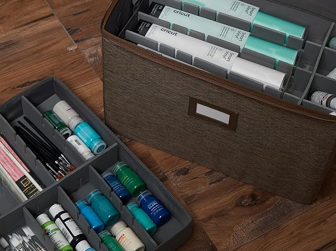 Covermates Keepsakes - Adjustable Zip-Top Storage Box - Configurable FlexGrid Compartments - Heavy Duty Polyester- Reinforced Handles - Stackable Design - Indoor Storage, Brown Heather