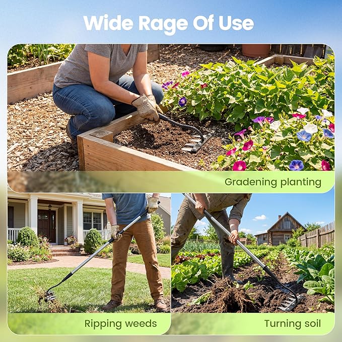 Iron Weeding Rake with Long Handle - Upgraded 5 Teeth Weed Puller Tool, Heavy Duty Manual Weeder Remover Tool for Weeding, Cultivating & Soil Aeration