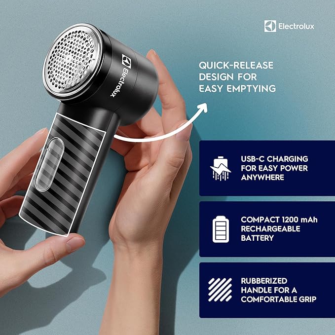 Electrolux Rechargeable Fabric Shaver | Compact Travel Lint Remover for Clothes & Furniture | Eliminates Fuzz & Pilling | 3-Speed Electric Lint Shaver with Type-C Fast Charging Port - Black