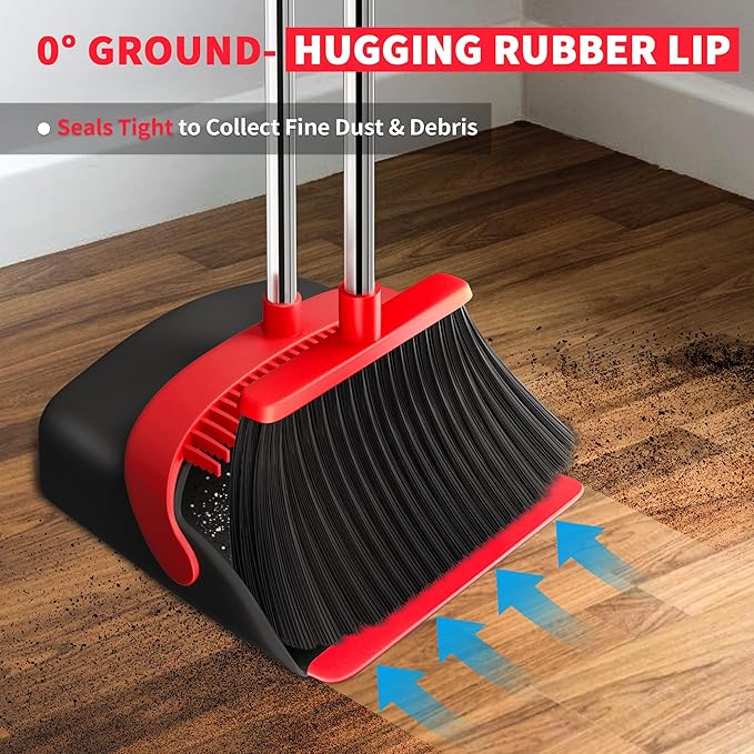 Broom with Dustpan Combo Set, Dust Pans with Long Handle for Upright Sweeping, Standing Broom and Dustpan Set with Self-Cleaning Teeth for Home, Kitchen & Office Floors(Red & Black)