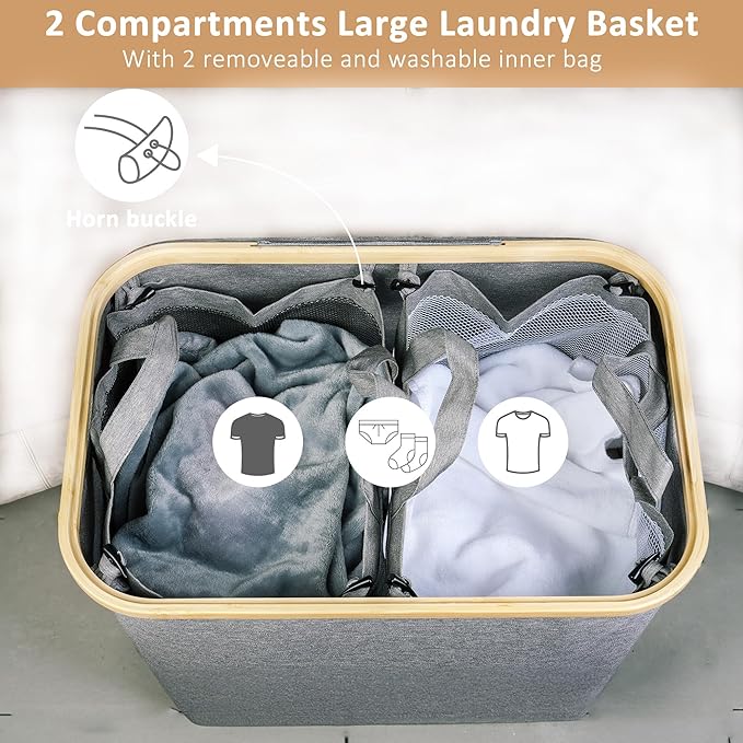 iEGrow 150L Laundry Hamper with Lid-Large Laundry Basket with Bamboo Handles, Grey Hampers for Laundry, Dirty Clothes Hamper with 2 Removable Inner Bags for Clothes Toys Towels