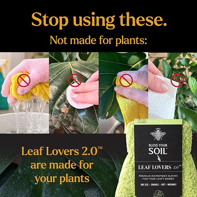 BLESS YOUR SOIL Microfiber Dusting Gloves for Plants : Premium, Gentle, Traps Dust, Washable, Lint Free : Use with Big Leaf Energy ready-to-use spray for houseplants