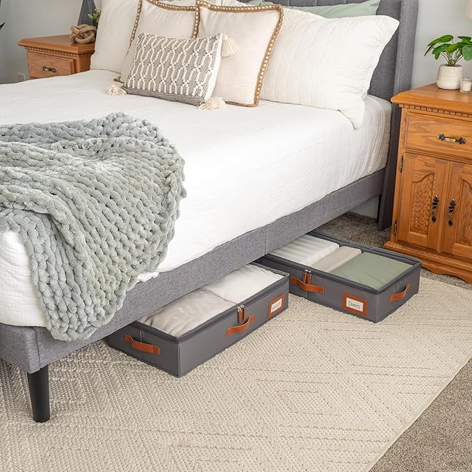 OrganiHaus Under Bed Storage Containers, Bedroom Storage and Organization Bins, Clothes Organizer for Closet with Clear Cover and Reinforced Handles - Set of 2 23.5x12.5x5 inches Gray