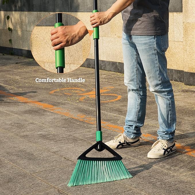 Eyliden Broom, Angle Broom with 57" Long Handle, PET Bristles - Fit Heavy-Duty Cleaning, Also Works Well Fine Dust - Commercial Outdoor Indoor Sweeper for Courtyard Sidewalk Deck Kitchen Lobby, Green