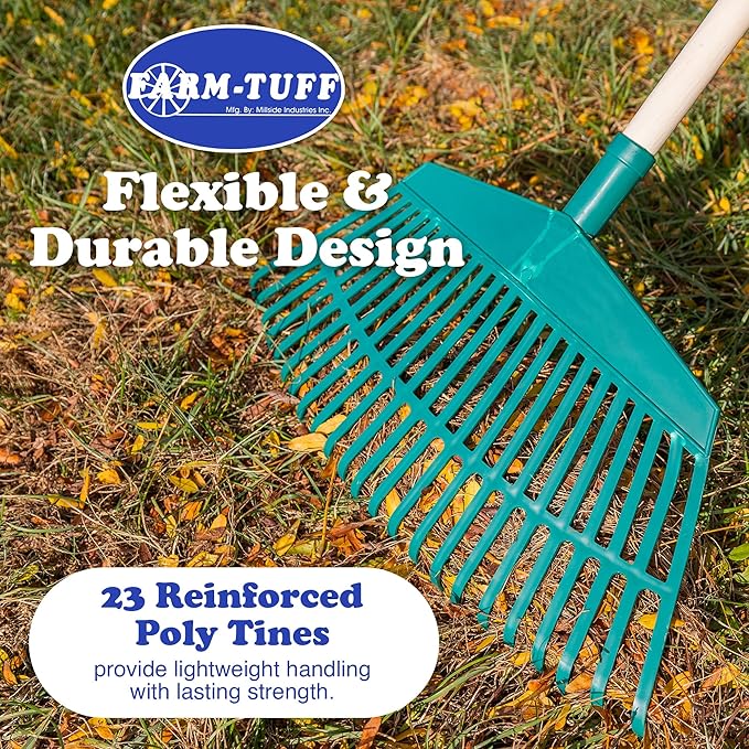 FARM-TUFF 19 Inch Leaf & Garden Rake with 48 Inch Hardwood Handle – Wide, Durable Rake for Lawns, Flower Beds, and Yard Cleanup
