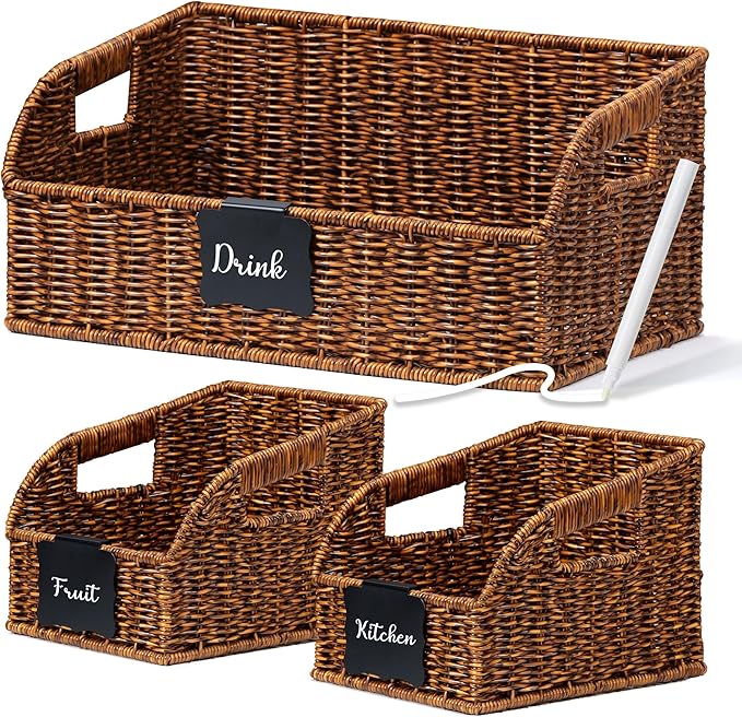 Pantry Organizers and Storage Baskets for Organizing with Handles, Large Woven Storage Baskets for Shelves, Kitchen, Laundry, Waterproof Storage Bins for Fruit, Bread, Vegetable, 3Pack, Brown