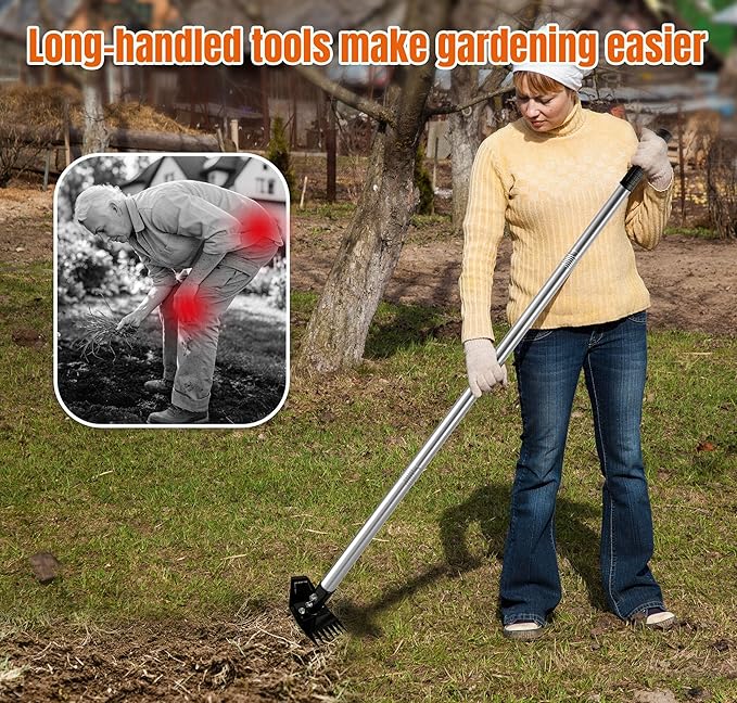 Weed Puller Tool with Long Handle, Manual Weed Remover Tool, 2 in 1 Weed Rake&Grabber and Garden Hoe, Dandelion Gardenia Heavy Duty Uprooting Tool for Yard, Lawn and Garden, 58Inch