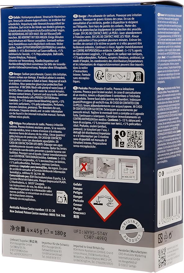Bosch 312477 Dishwasher Cleaner – 1 Pack of 4 Bags (Total: 6.4 oz / 180g, Each 1.6 oz / 45g) – Removes Limescale & Grease | Improves Performance & Extends Appliance Life