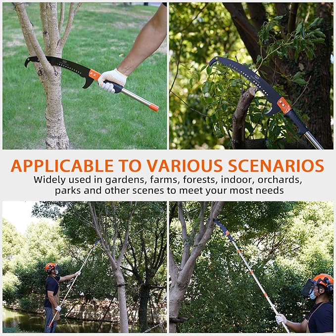 Manual Pole Saw for Tree Trimming, 10 FT Pruning Saw with 6-Section Stainless Steel Handle, Sharp steel Blade, Easy to Carry and Lightweight Extendable Design for Garden & Tree Maintenance