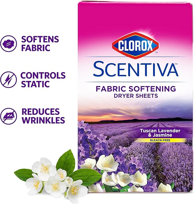 Clorox Scentiva Fabric Softener Dryer Sheets, Tuscan Lavender & Jasmine Scent - Wrinkle Reducing Scented Softening Laundry Dryer Sheets for Great Smelling Clothes, 40 Count