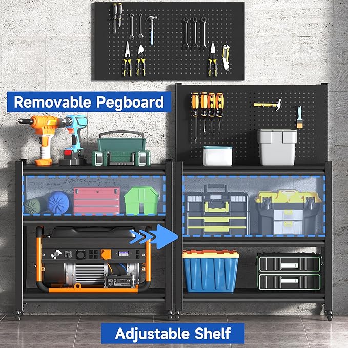 48" Adjustable Workbench with Pegboard,Heavy Duty Steel Work Bench with Lockable Wheels,Metal Rolling Work Table,3-Tier Metal Tool Storage Bench for Garage,Warehouse,Workshop, Home,Basement