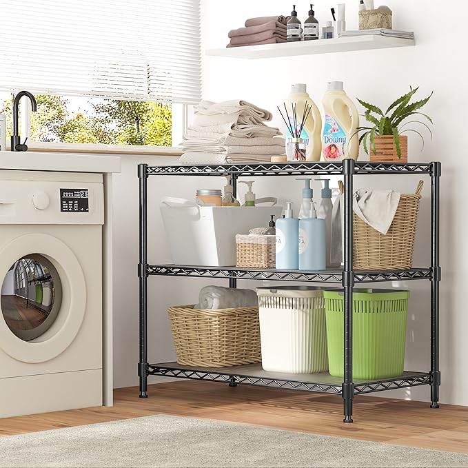 3-Tier Storage Shelves 795LBS Metal Shelving Unit, Adjustable Wire Rack Small Shelf Organizer with Shelf Liners for Kitchen Pantry Office Closet Garage 24" W x 14" D x 30.5" H Black