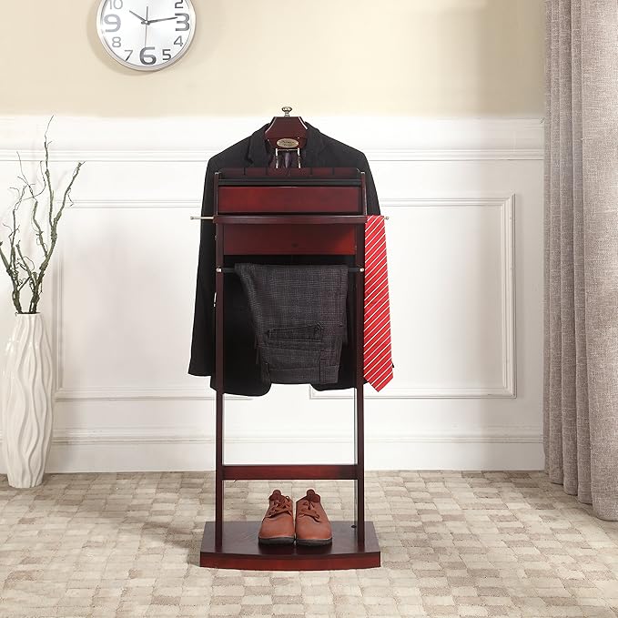 Proman Products Excalibur Wardrobe Wood Valet Stand with Power Extension, Large Storage Compartment, Contour Hanger, Trouser Bar, Tie & Belt Hooks and Shoe Rack - VL16200