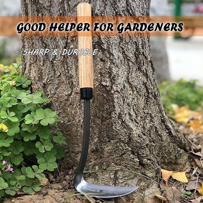 SHANFEEK Grass Sickle Japanese Weeding Hoe Garden Hand Tool Weeding Tools for Garden High-Strength Steel with Solid Wood Handle (Grey)
