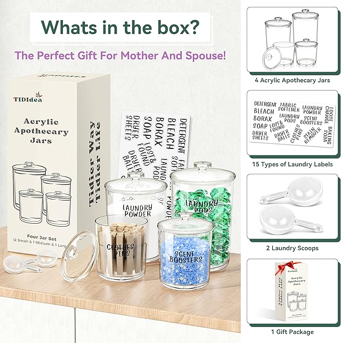 4 Pack Laundry Room Organization Jars - Laundry Storage Containers with Labels & Scoops Hold Pods, Powder, Scent Booster, Beads, Soap, Detergent - Great Laundry Organizer - Clear Acrylic