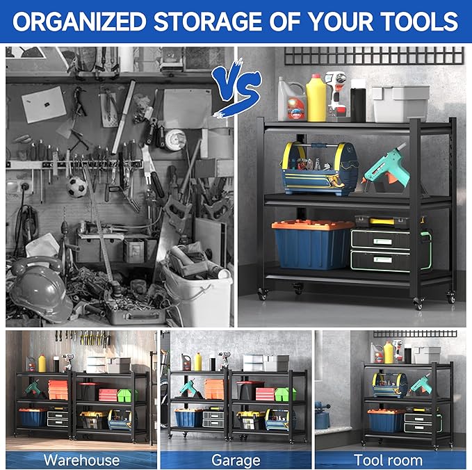 Standing Storage Racks,3 Tier Garage Shelving Heavy Duty Adjustable Garage Shelves,Large Modular Shelving Unit Storage Organizer for Kitchen/Bathroom/Pantry/Office-Assembly Required(Black)