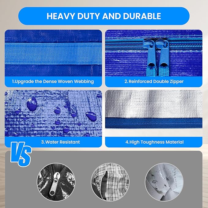 Simple Deluxe 12 Pack Moving Bags, Heavy Duty Storage Totes with Lids, Sturdy Handles& Zipper, Moving Boxes Alternative, Extra Large, for Clothes Packing, Moving Supplies, Blue