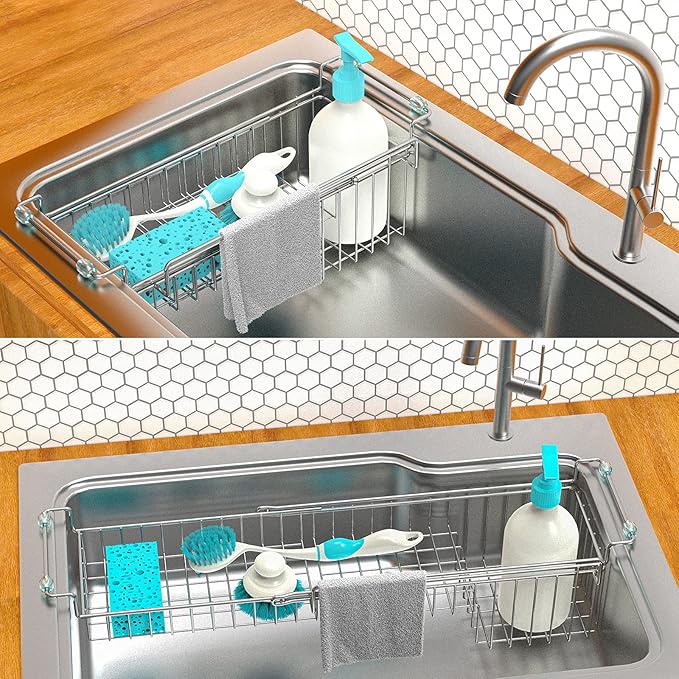 Over The Kitchen Sink Caddy Sponge Holder Organizer Drying Rack Expandable for Sponge Brush Soap Dish Cloth Rag 14.5" to 22", Stainless Steel