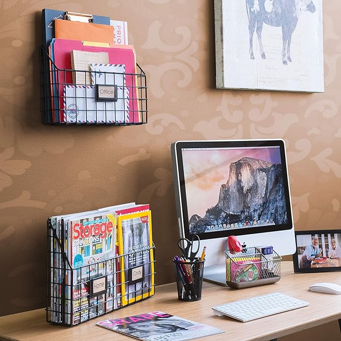 Wall35 Rivista File Holder Home Office Desk Organizer, Wall Mounted Wide Chicken Wire Mail Organizer and Magazine Holder, Metal, Black