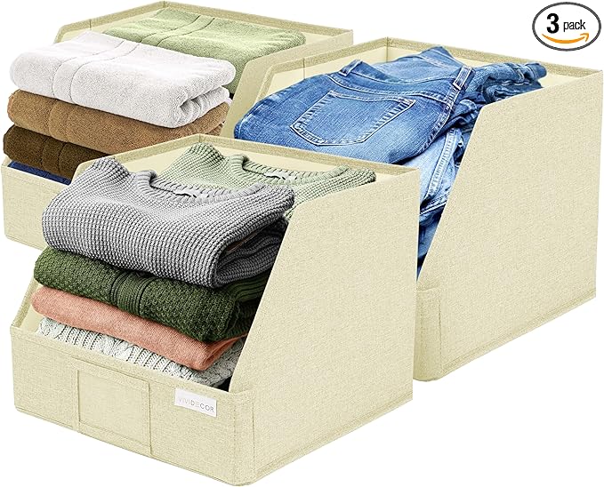 Trapezoid Closet Bins for Shelves – 12x12x10 Fabric Storage Baskets, Collapsible Organizer Boxes for Linen, Baby Clothes, Seasonal Storage – Light Beige, 3 Pack