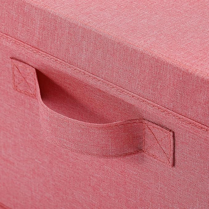 HOONEX Linen Foldable Storage Bins with Lids, 2 Pack, Storage Boxes with Carrying Handles and Sturdy Heavy Cardboard, 16.5" L x 11.8" W x 7.5" H for Shoes, Books, Clothes, Nursery, Pink