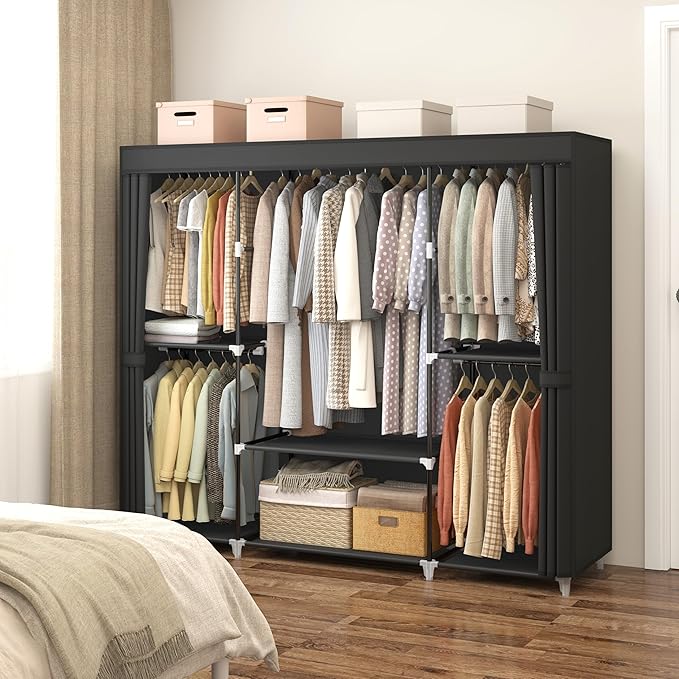 MOGELAFOO 64.5" Closet Wardrobe, Portable Closet for Bedroom, Freestanding Clothes Rack with Non-Woven Fabric Cover, 5 Hanging Rods, 6 Storage Shelves, Clothes Storage Organizer, Black