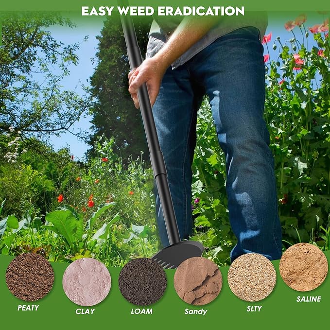 Hoe Garden Tool, 2-in-1 Garden Hoe with Heavy Duty Metal Hoe, 17-60 Inch Garden Hand Tiller with Long Handle for Gardening, Weeding, Lossening, Tilling, Black