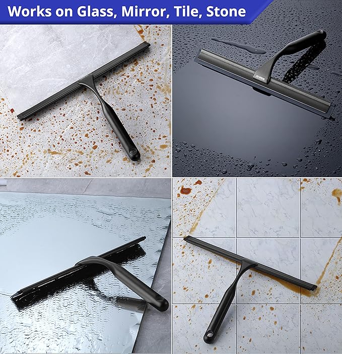 HOME SO Shower Squeegee for Glass Doors – Stainless Steel Squeegee with Adhesive Hooks - Window, Floor & Car Squeegee, Multi-Purpose Bathroom, Mirror & Tile Cleaner - Bathroom Essentials - Black 12"