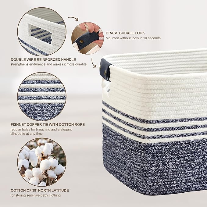 86L Extra Large Laundry Basket with Leather Handles for Living Room Storage, Woven Rope Baskets for Blanket, Kids Toy, Gifts, Wicker Hamper for Bedroom Dirty Clothes, 24"x16"x14" Denim Blue