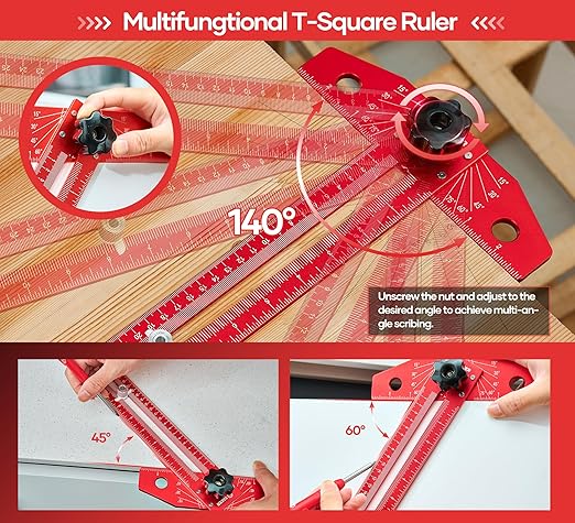 Saker Woodworking Scriber Marking Line Ruler, Adjustable Aluminum Alloy Sliding T-Square Ruler,Precision Line Drawing aid Ruler with Angle Adjustment Scale
