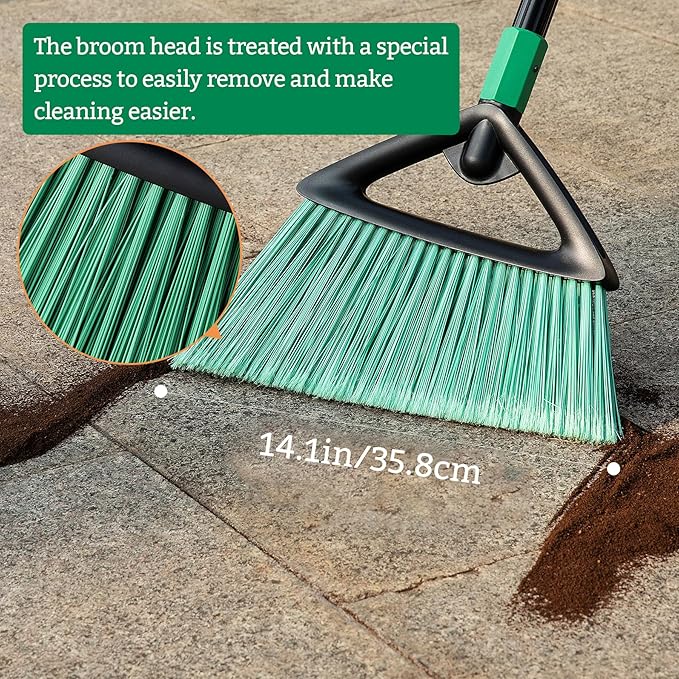 Eyliden Broom, Angle Broom with 57" Long Handle, PET Bristles - Fit Heavy-Duty Cleaning, Also Works Well Fine Dust - Commercial Outdoor Indoor Sweeper for Courtyard Sidewalk Deck Kitchen Lobby, Green