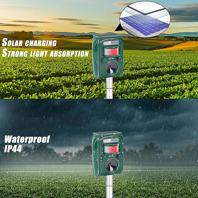 Lulu Home Ultrasonic Animal Repeller, Outdoor Weatherproof Solar Powered Rodent Repeller with Motion Activated Flashing LED Light, Repel Dogs, Cat, Squirrels, Raccoon, Rabbit, Fox & More