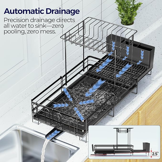 2 Tier Large Dish Drying Rack, Expandable Dish Rack for Kitchen Counter, Dish Drainer with Drainboard Set, Multifunctional Dishrack with Utensil Holder & Cup Holder, 13.4"-28.7" L x 11.8" W