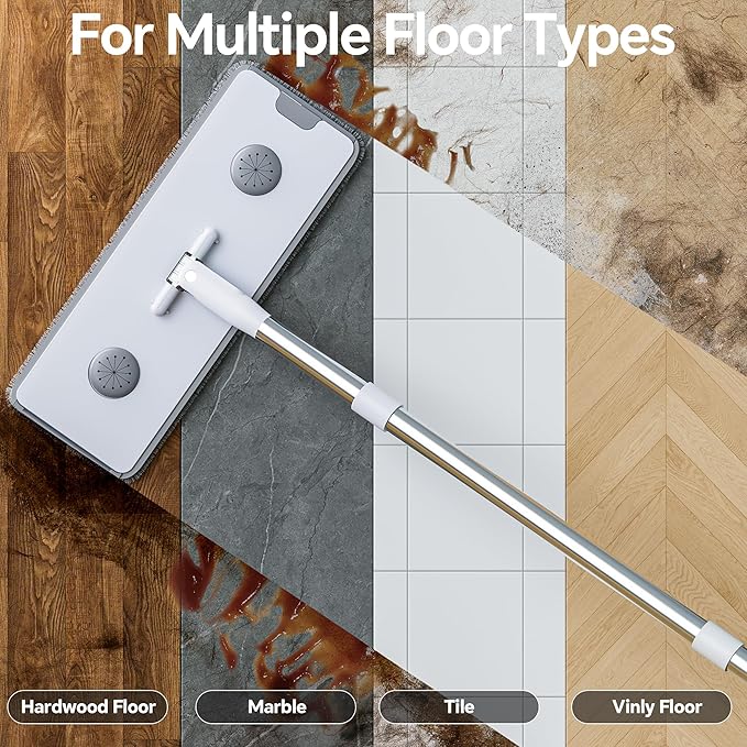 CTIME Large Mop and Bucket Set, Flat Mop and Bucket System, Wall Mop with Adjustable Handle (Max 70.87 Inches), Mops for Floor Cleaning, 6 Washable 15.74'' Microfiber Mop Pads