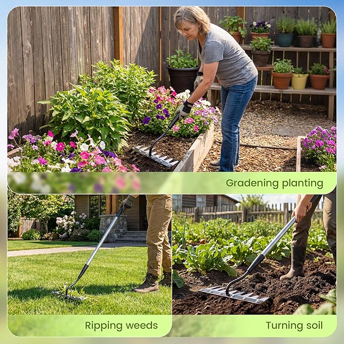 Iron Weeding Rake with Long Handle - Upgraded 8 Teeth Weed Puller Tool, Heavy Duty Manual Weeder Remover Tool for Weeding, Cultivating & Soil Aeration