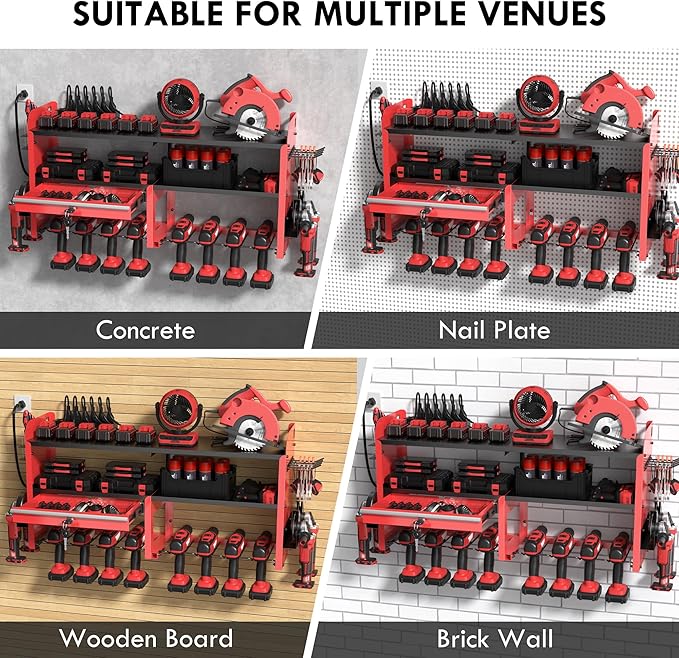 KSVO Power Tool Organizer Wall Mount with Drill Rack, Grinder Holder, Hammer & Pliers Rack, Locking Drawers, 6-Outlet Charging Shelf – Heavy Duty Metal Tool Storage for Garage, Workshop (Red)