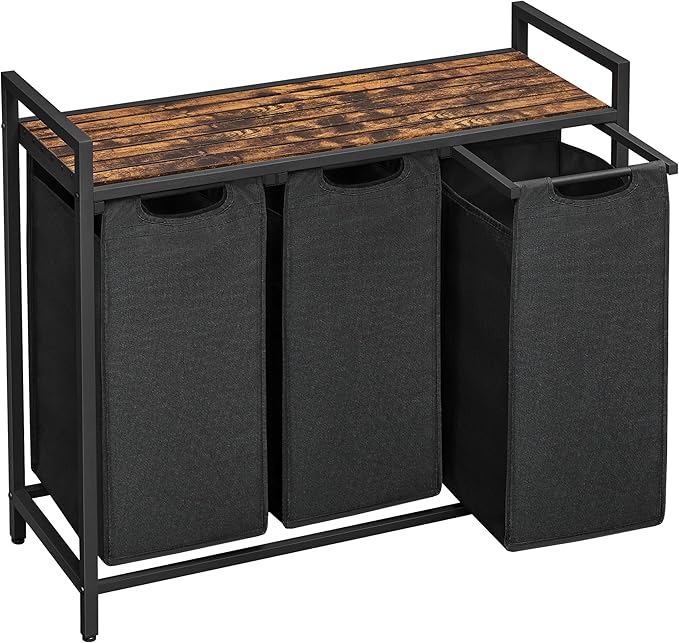 VASAGLE Laundry Hamper, Laundry Basket, Laundry Sorter with 3 Pull-Out and Removable Bags, Shelf, Metal Frame, 3 x 10.6 Gallons (40 L), 36.4 x 13 x 28.4 Inches, Ink Black and Rustic Brown UBLH301B01