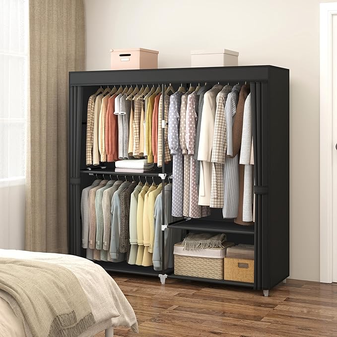 MOGELAFOO 62.5" Closet Wardrobe, Portable Closet for Bedroom, Freestanding Clothes Rack with Non-Woven Fabric Cover, 3 Hanging Rods, 4 Storage Shelves, Clothes Storage Organizer, Black