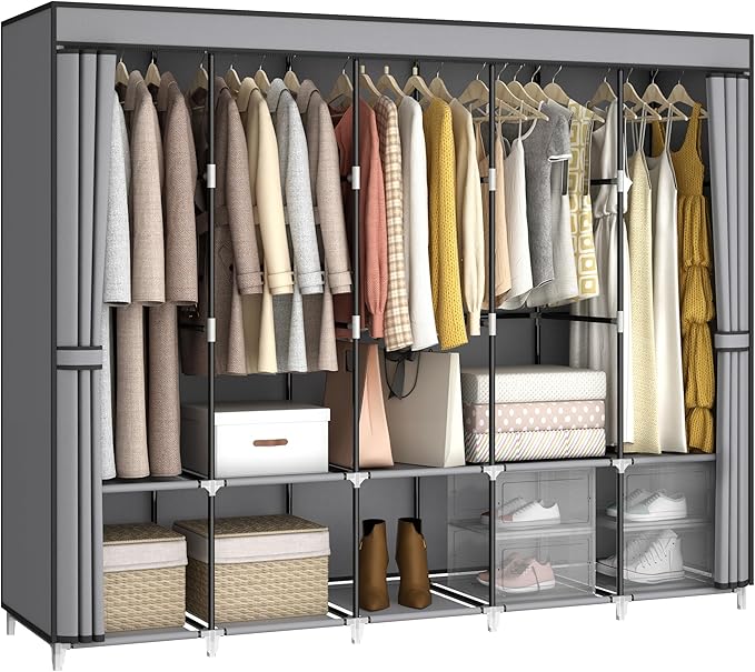 MOGELAFOO 83 Inch Wide Portable Closet Wardrobe, Clothes Storage Rack Organizer with Cover, 5 Clothes Hanging Rods and 10 Storage Shelves, Grey