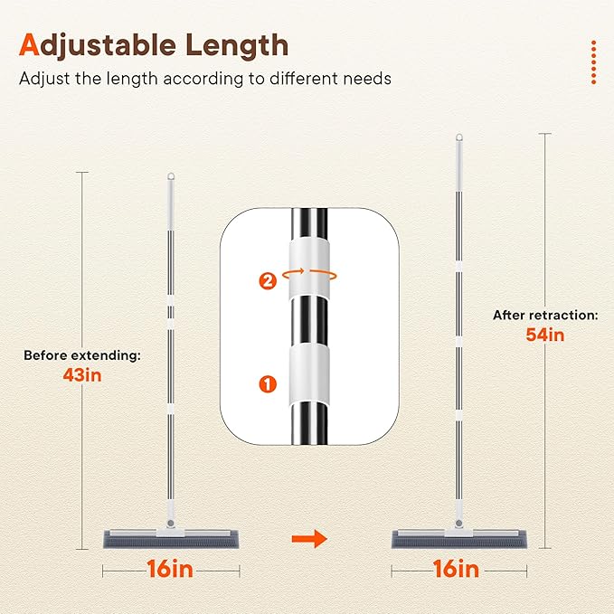 Floor Squeegee for Concrete Floors, 180° Rotating Silicone Broom, Squeegee for Floor with Long Handle and Dual-Sided Blade Design, Water and Pet Hair Remover for Bathroom Floors, Tile, Deck and Glass