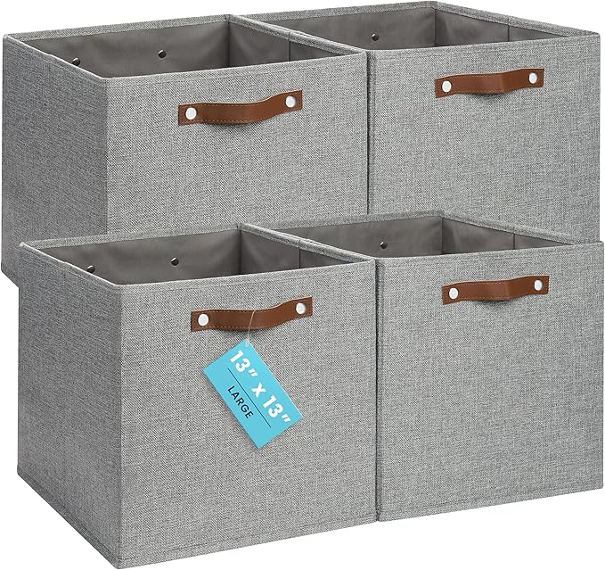 OrganiHaus 13" x 13" x 13" Cube Fabric Storage Bins Set of 4, Canvas Storage Cubes w/ Vegan Handles, 13 inch Collapsible Bins for Kallax, Cubbies Organizer, 13x13 Basket for Decor - Grey