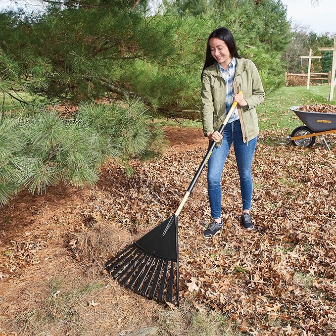 True Temper 20212010 Clog Free Leaf Rake with Hardwood/Steel Handle, 24 in. for Leaves, Grass, Clippings, Twigs, Pine Needles, Acorns, Debris, Black