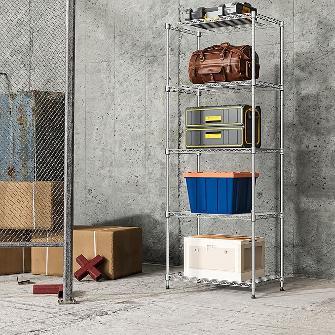 IZEUK 5-Tier Chrome Metal Storage Shelves, Adjustable Wire Shelving Unit for Kitchen, Bathroom, Pantry, Office, Garage, Organizer Wire Rack, 1250 lbs, 13.7" D x 23.6" W x 63" H