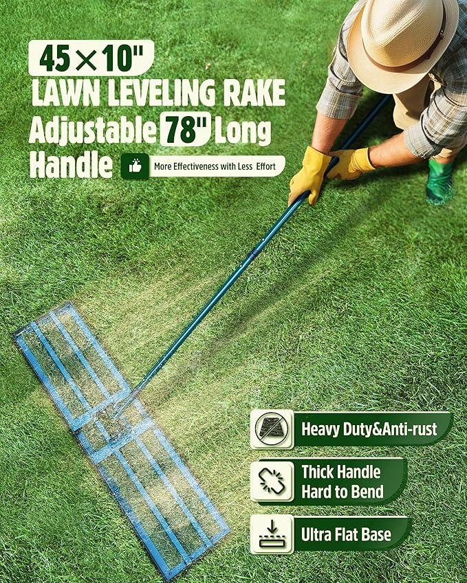 Lawn Leveling Rake,Stainless Steel Lawn Leveler with 45”x10” Ground Plate, 78” Adjustable Long Handle, Heavy Duty Large Level Yard Tool for Grass, Golf Field, Level Soil or Dirt Ground Surfaces-Green