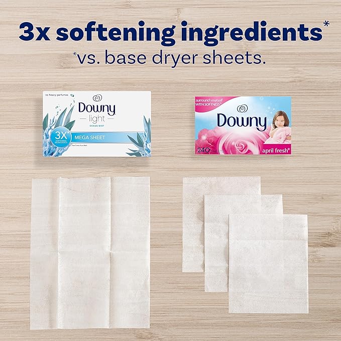 Downy Light Mega Dryer Sheets, Laundry Fabric Softener, Ocean Mist, 130 Count