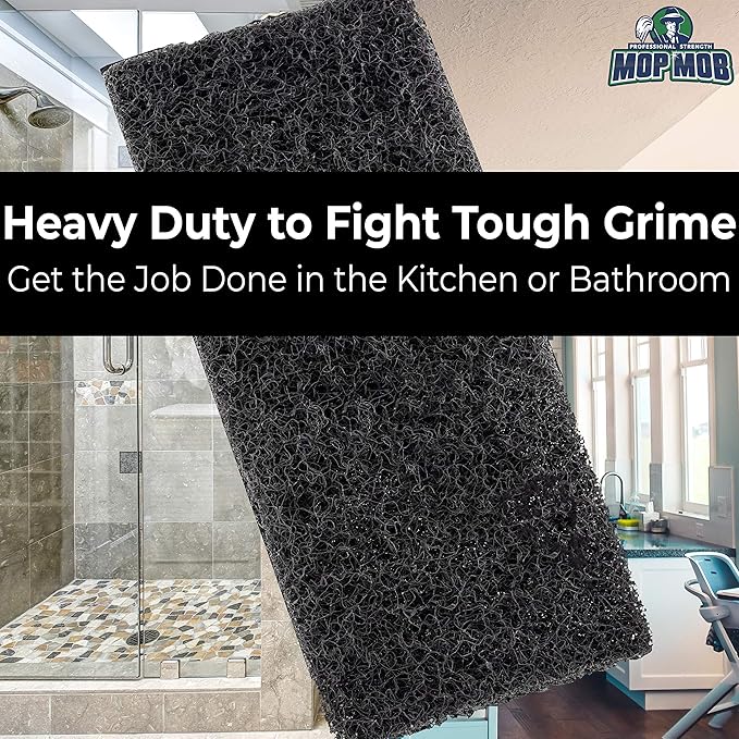 Heavy Duty XL Black Scouring Pad 2 Pack. 10 x 4.5in Large Multipurpose Nylon Scrubbing Sponges. Clean Bathrooms, Kitchens, Counters and Floors to Erase Grime and Make Surfaces Sparkle