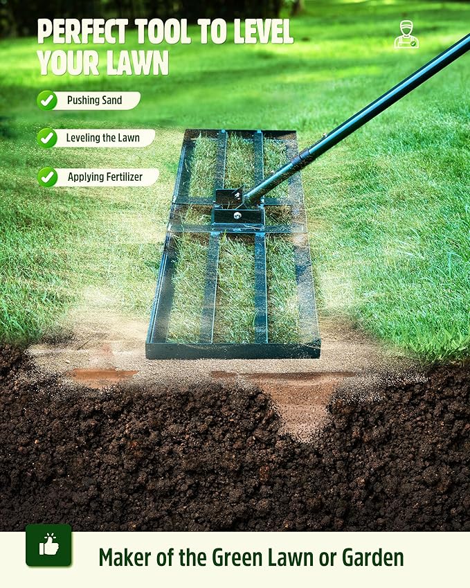 Lawn Leveling Rake, 2 Pack Heavy Duty Lawn Leveler with 30"x10" Ground Plate n 17'' Bow Head,78” Adjustable Long Handle,Level Yard Tool for Grass,Golf Field,Level Soil or Dirt Ground Surfaces-Green