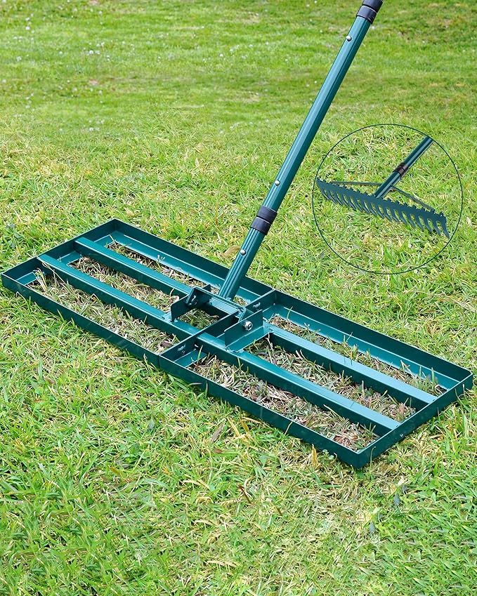 Lawn Leveling Rake, 2 Pack Heavy Duty Lawn Leveler with 30"x10" Ground Plate n 17'' Bow Head,78” Adjustable Long Handle,Level Yard Tool for Grass,Golf Field,Level Soil or Dirt Ground Surfaces-Green