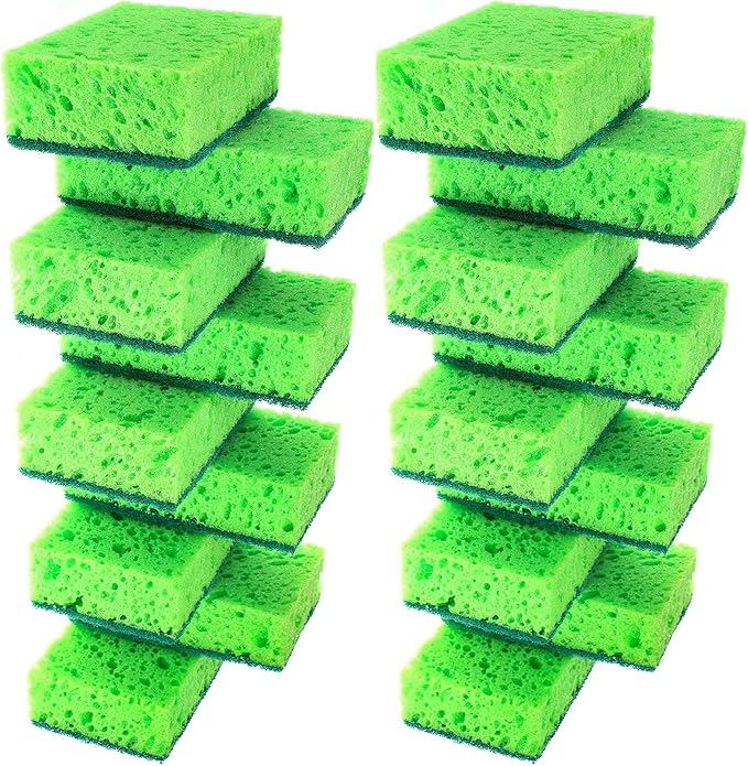 Green Multi Use Scrub Sponge. Made in Europe. 18 Pk, 4.3x2.8x1.4 inches. Odorless Heavy Duty and Non Scratch Fiber. Thick, Durable and Delicate Scrubber for Pans, Bowls, Jars, Sink, Floor