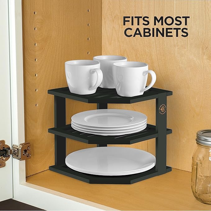 Bambüsi Plate Organizer for Cabinet - Corner Cabinet Organizer and Kitchen Cabinet Organizer Shelf, Kitchen Countertop Organizer for Plates, Dishes and Bowls, Space Saving Corner Rack, Black